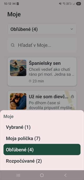Sekcia Moje v aplikácii s ponukou Obľúbené, Moja polička, Obľúbené správy a Začaté konverzácie