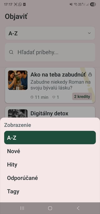 Sekcia Objavit s filtrami kategórií vrátane A-Z, Nové, Hity, Odporúčané a Tagy