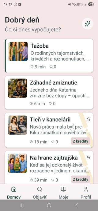 Domovská obrazovka aplikácie s pozdravom a článkami o móde, záhadnom zmiznutí, kancelárskej práci a dobrodružstve